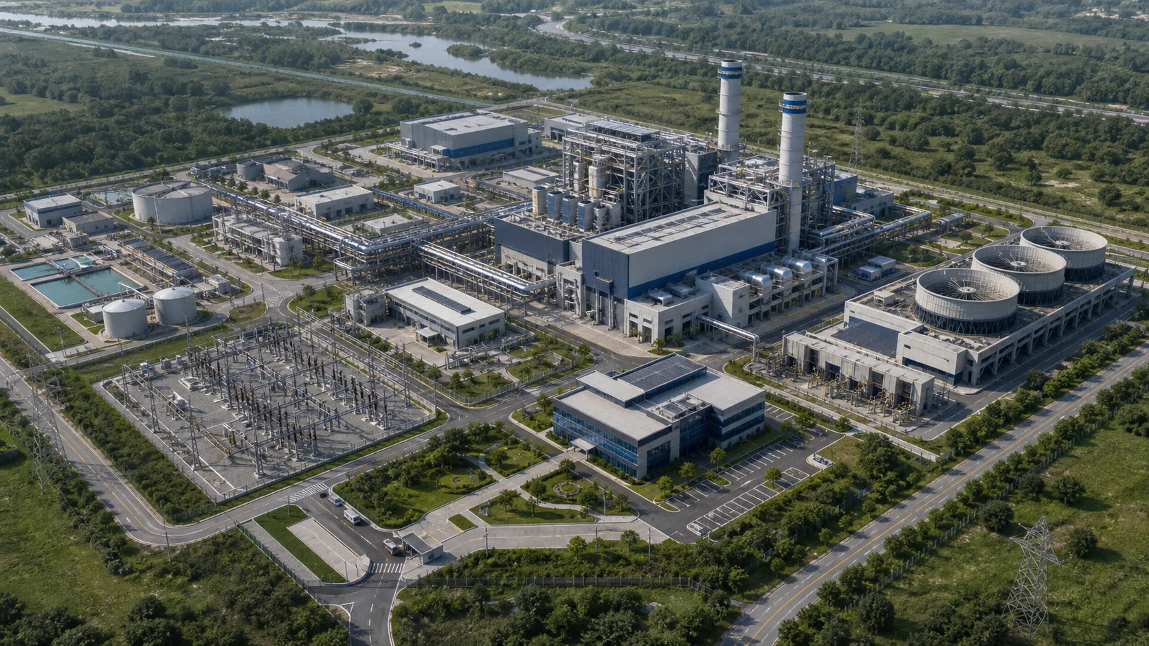 Bird's-eye view of a power plant